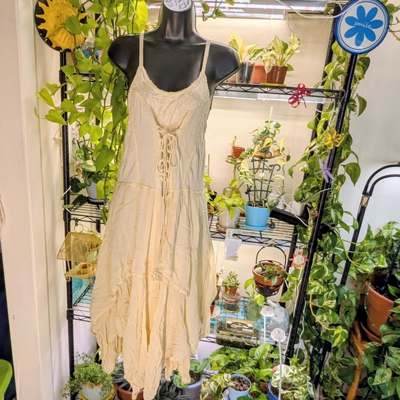 Sakkas Cream Asymmetrical Spaghetti Strap Dress - Picture 1 of 7